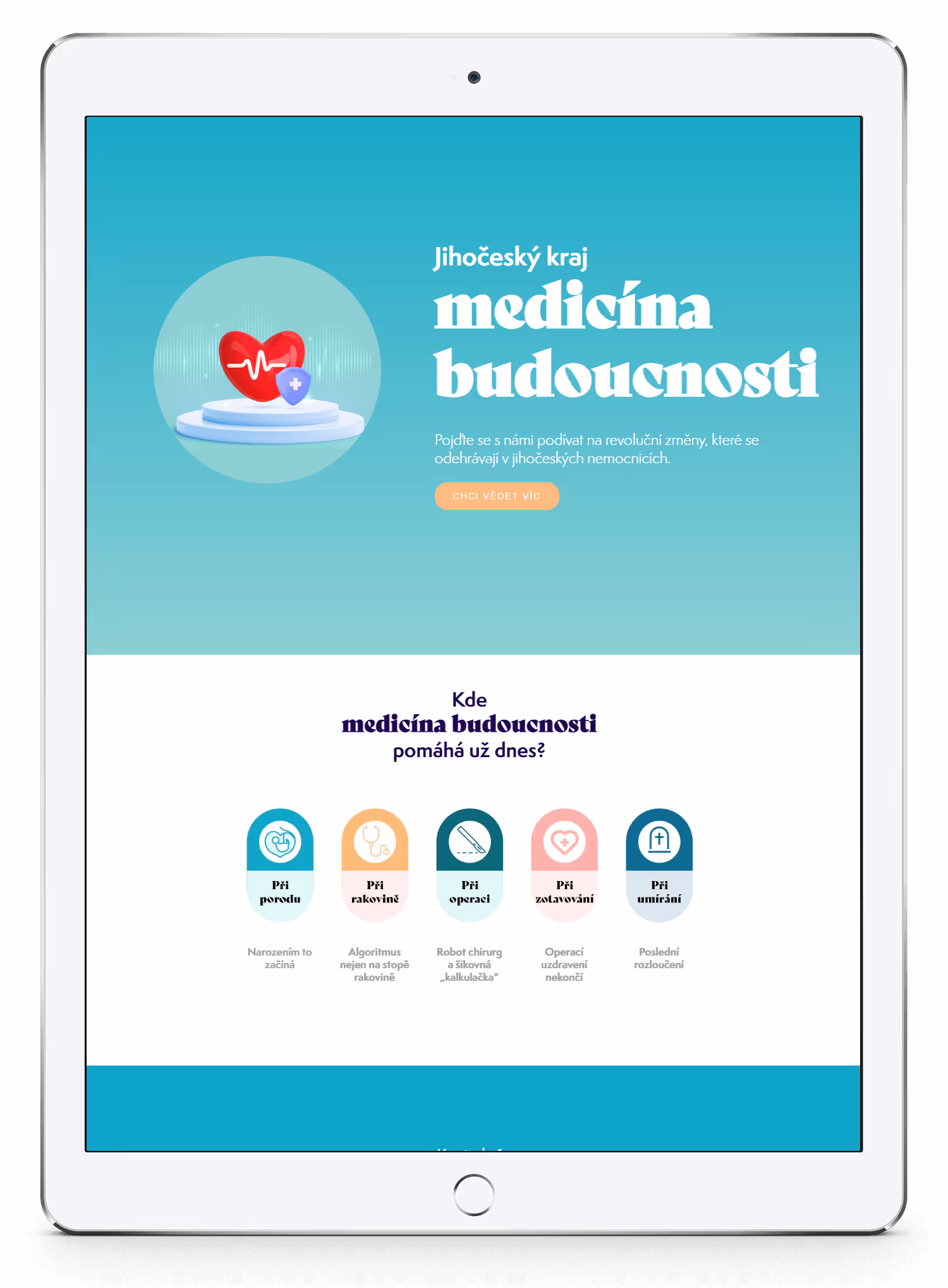 Tablet screen showing Czech text about future medicine with icons representing childbirth, cancer, surgery, recovery, and dying.